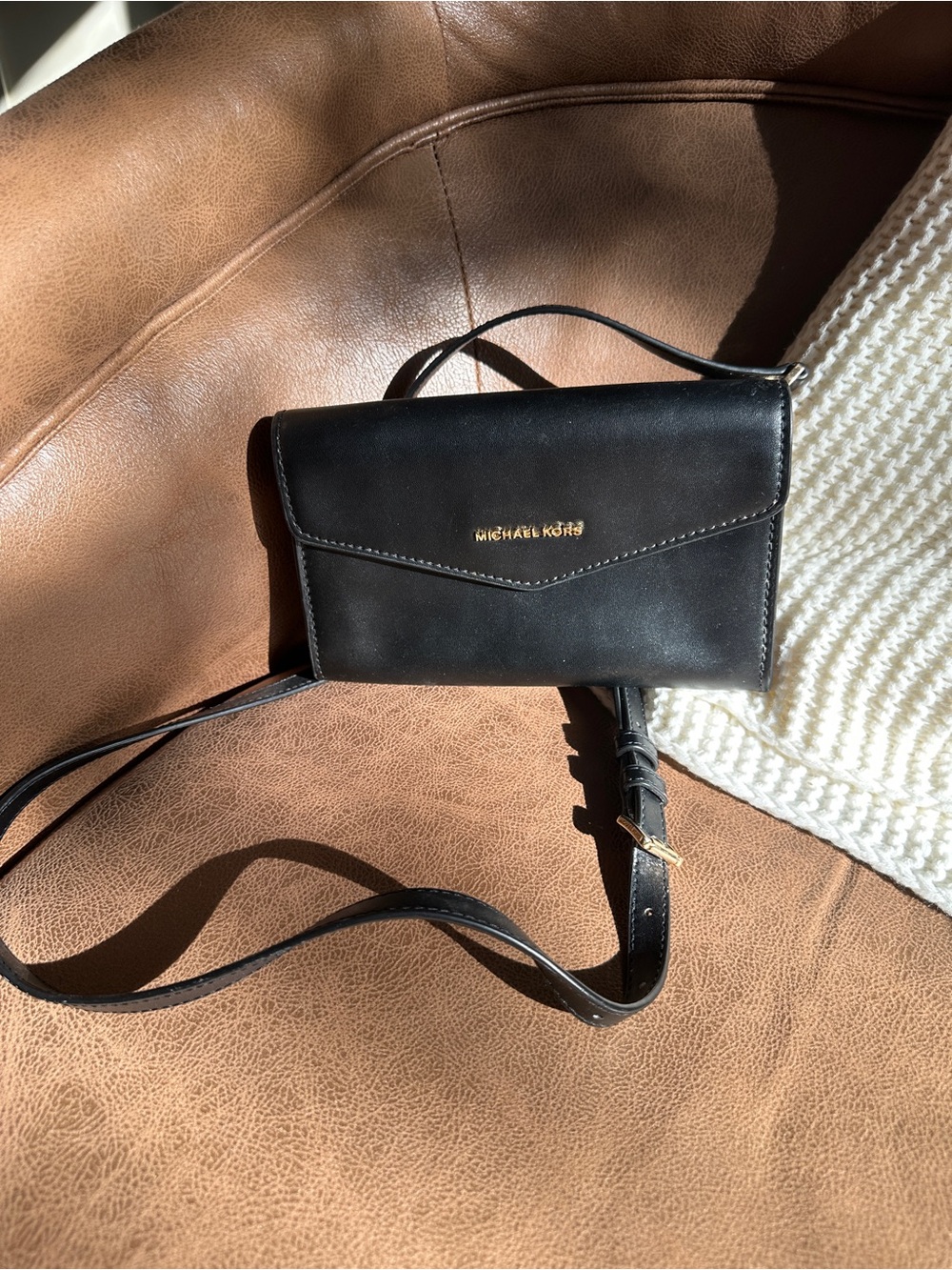 Michael Kors Black Leather Crossbody Wallet with Gold Logo